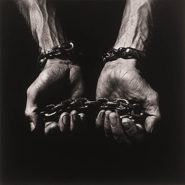 Photo a black and white photo of a person holding a chain that says quot the chain quot