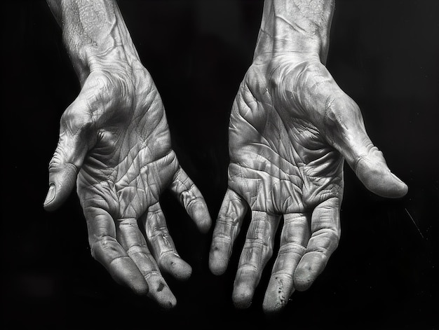 a black and white photo of a persons hands with a cross on the bottom