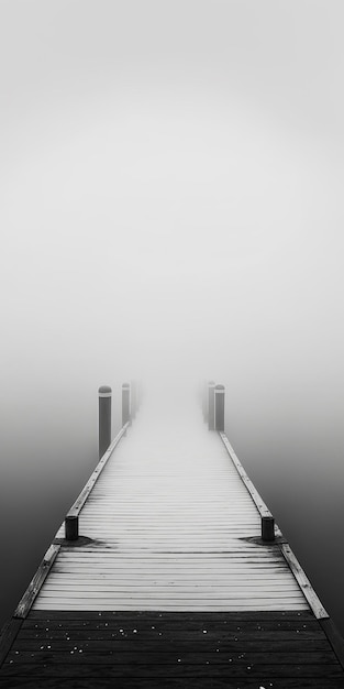 Black and white photo of pier in the fog Generative AI