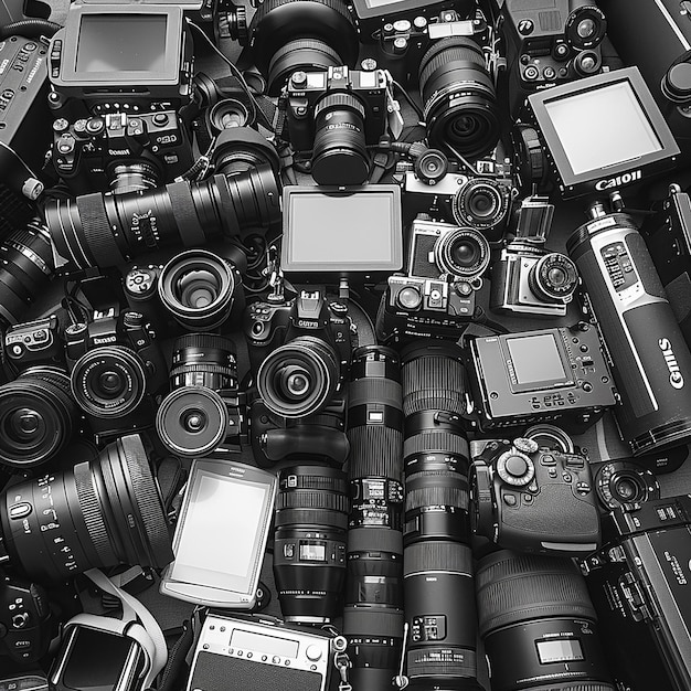 a black and white photo of a pile of cameras and cameras