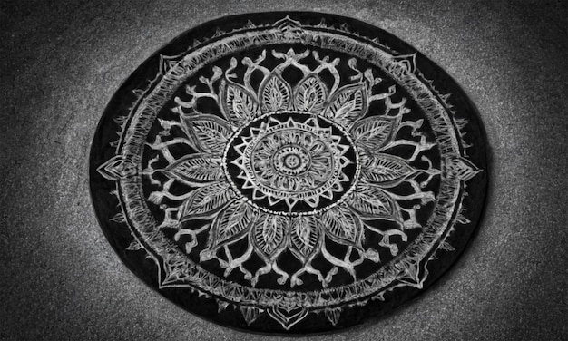 a black and white photo of a plate with a flower design on it