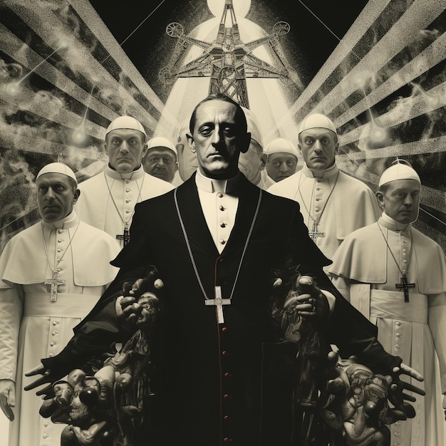 a black and white photo of a priest with the words " pope " on the front.