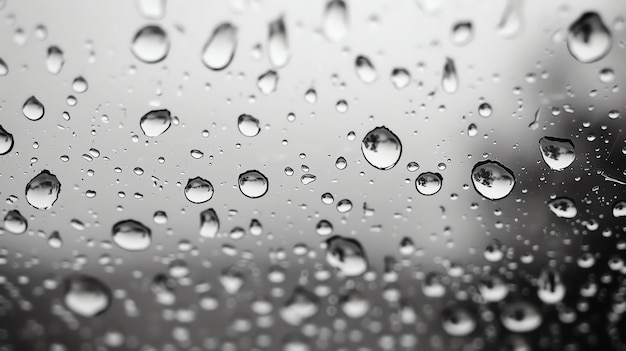 Black and white photo of raindrops on a window The rain is falling in a light drizzle and the drops are scattered across the glass