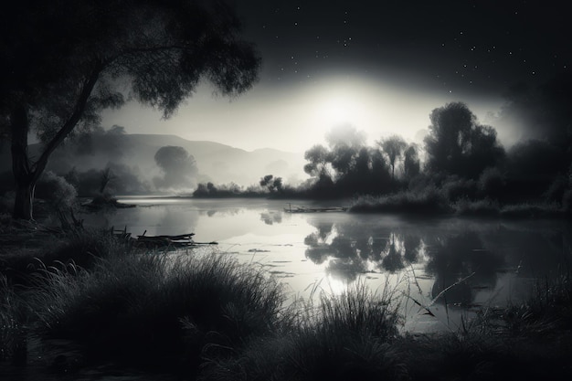 A black and white photo of a river with trees and a moon in the sky.