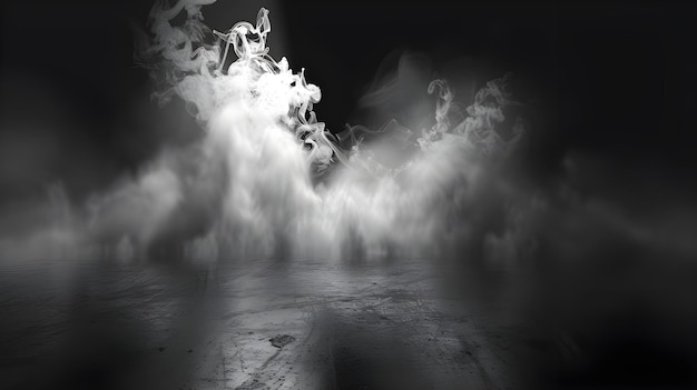 a black and white photo of a road with a cloud of smoke