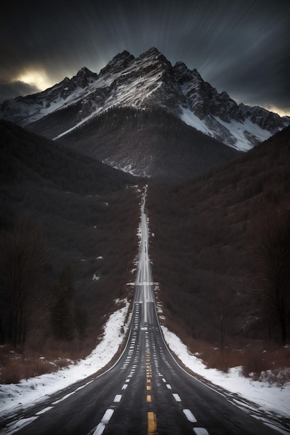 A Black And White Photo Of A Road With A Mountain In The Background