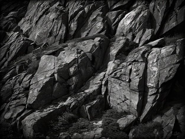 A black and white photo of a rock face with a black and white photo of a mountain in the background.