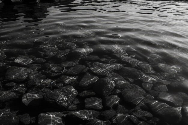 A black and white photo of rocks in the water generative AI