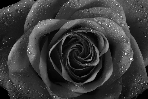 A black and white photo of a rose with water drops.