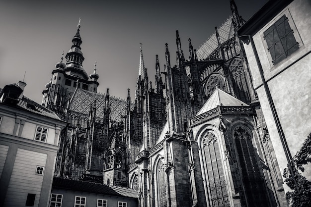 Black and white photo of Saint Vitus Cathedral View of the eastern faзade Prague Czech Republic