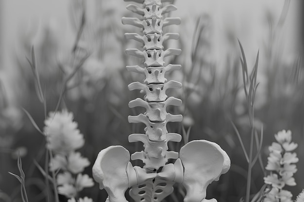 A black and white photo of a skeleton in a field of flowers