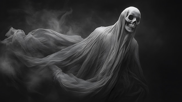 Photo a black and white photo of a skeleton with a veil