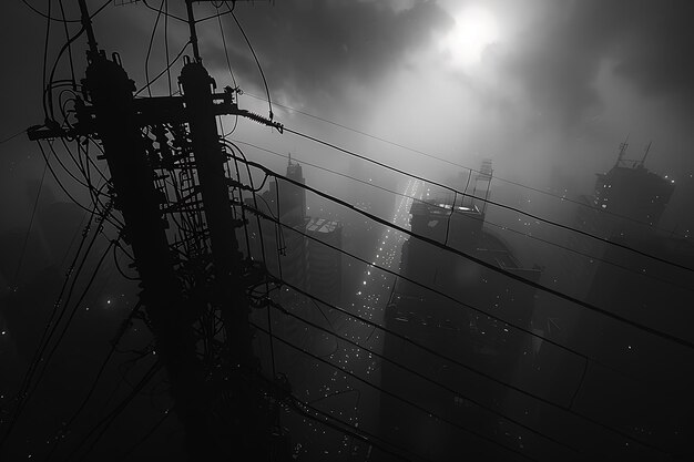 a black and white photo of a skyscraper and a building in the background