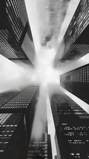 a black and white photo of a skyscraper with a large circle in the middle