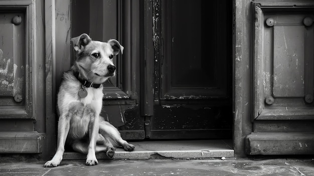 Photo a black and white photo of a small dog sitting on the doorstep the dog has a collar with a tag on it and is looking away from the camera