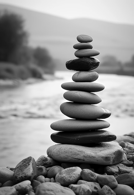 A black and white photo of a stack of rocks on a river bank