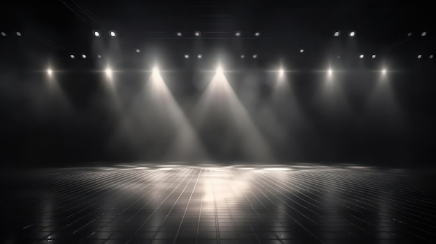 A black and white photo of a stage with spotlights