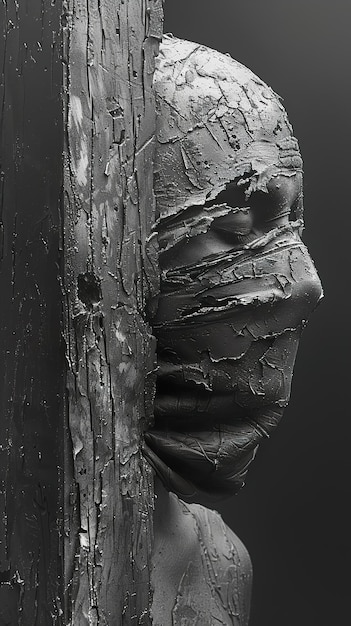 a black and white photo of a statue of a woman with a tattoo on the face