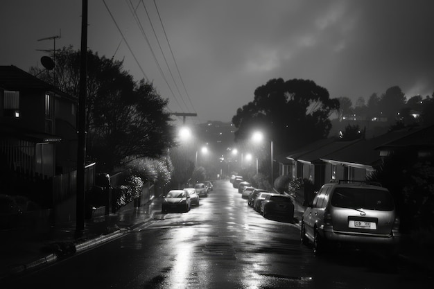 A black and white photo of a suburban street in at night with light from floodlights illuminating