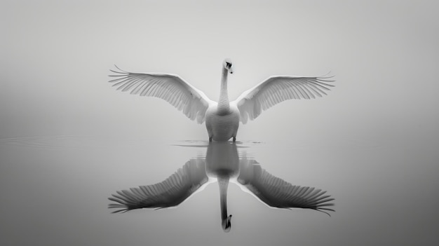 Photo black and white photo of a swan with wings spread standing on water reflection in the style