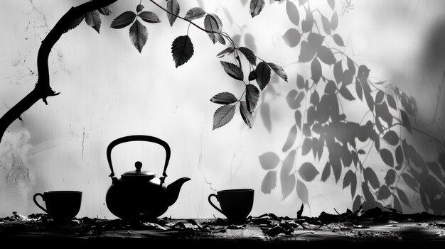 Photo a black and white photo of a teapot and two teacups on a wooden table the background is a wall with a branch and leaves casting shadows on it