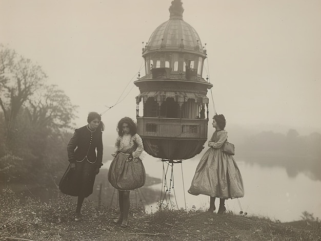 Photo a black and white photo of three people and a boat with a man in a dress and a woman in a dress with a hat and a woman standing next to it