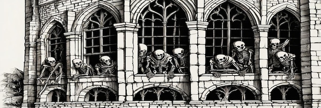 Photo a black and white photo of three skeletons and a window with a skull and bones on it