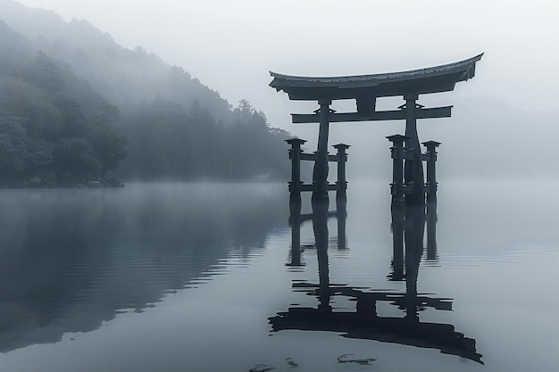 The black and white photo of a tori gate in the water