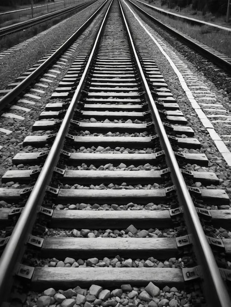 a black and white photo of a train track with a train track in the background