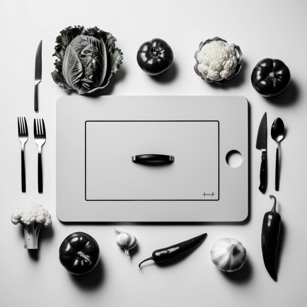 Photo a black and white photo of a tray with a black card and silverware