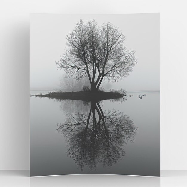 a black and white photo of a tree and ducks