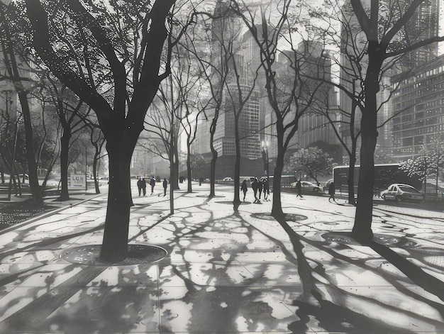 a black and white photo of a tree lined street with people walking in the background