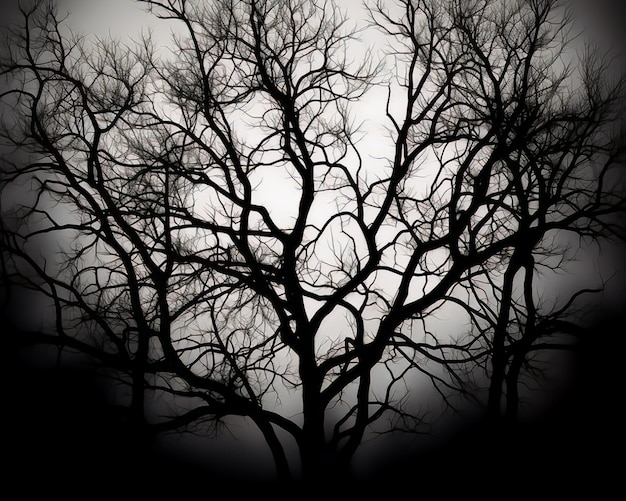 A black and white photo of a tree with no leaves