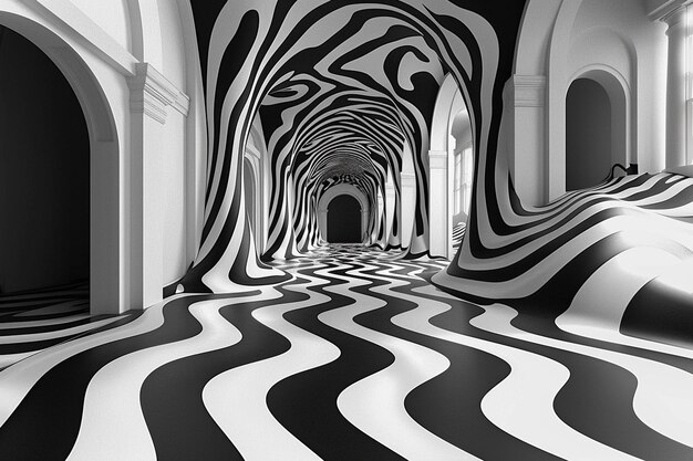 Photo a black and white photo of a tunnel with a black and white striped pattern