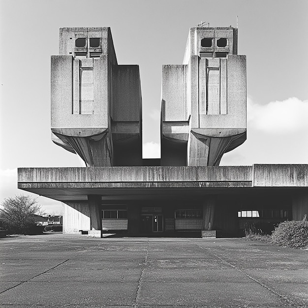 Photo a black and white photo of two large concrete buildings with the words quot h k quot on the side