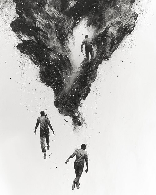 A black and white photo of two men walking through a cave