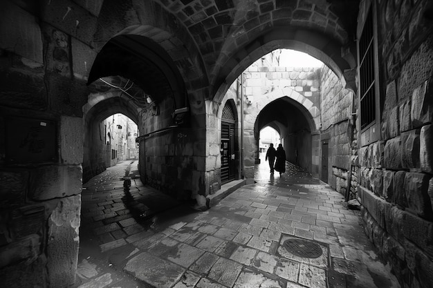 a black and white photo of two people walking through an archway