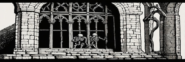 a black and white photo of two skeletons on a window sill