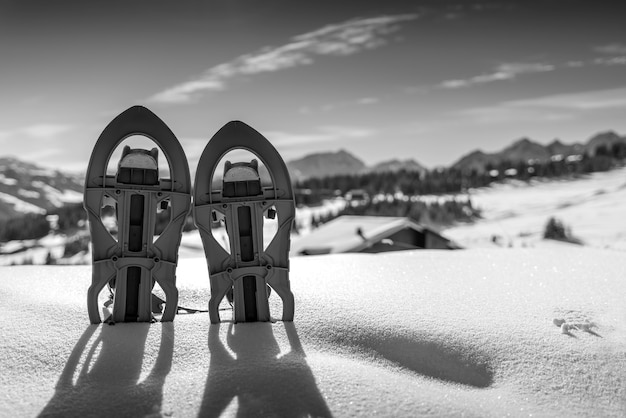 Black and white photo of two snowshoes buried in the snow with the snowy mountains