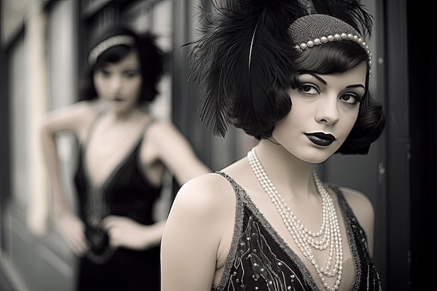 Photo a black and white photo of two women in flappers