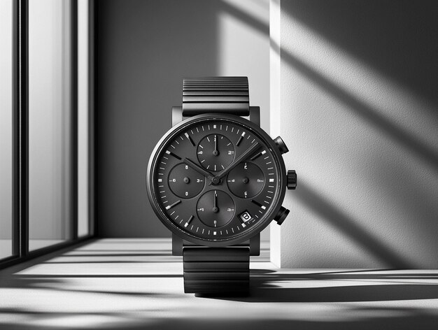 Photo a black and white photo of a watch with the time as 4  45