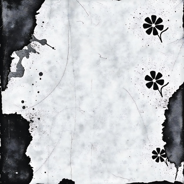 a black and white photo of a white piece of paper with flowers and a white background