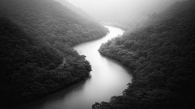 Photo black and white photo of a winding river flowing through a lush rainforest creating a sense of tranquility and mystery