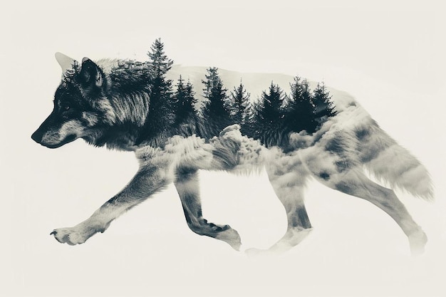 a black and white photo of a wolf with trees in the background