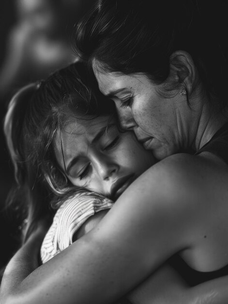 A black and white photo of a woman hugging a child suitable for use in a family or social setting