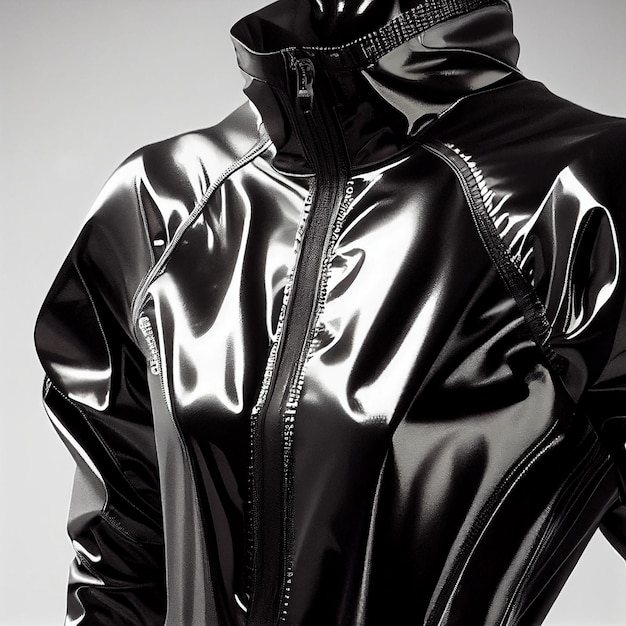 Black and white photo of a woman in a shiny jacket generative ai