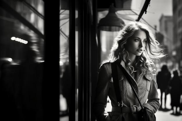 black and white photo of a woman on the street