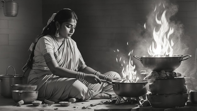 A black and white photo of a woman wearing a sari cooking over an open flame