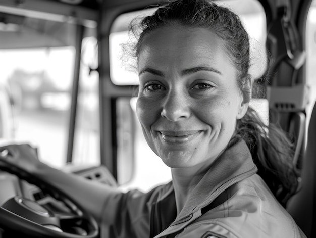 Photo a black and white photo of a woman behind the wheel of a bus conveying a sense of reliability and professionalism