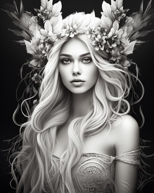 a black and white photo of a woman with long hair and flowers in her hair generativ ai